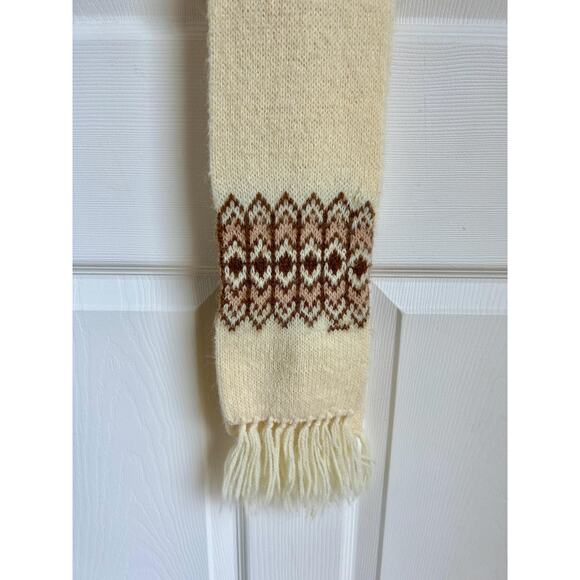 Vintage 70's Long Cream and Brown Scarf with Fringe | Retro Winter Accessories - Picture 2 of 5